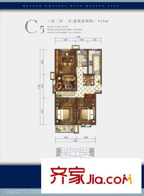 海怡學(xué)府戶型圖C5戶型三室兩廳一衛(wèi)113平方米 