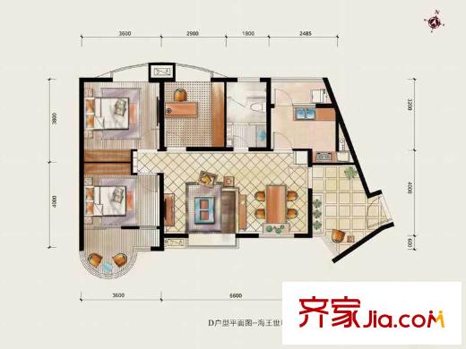 秦皇國(guó)際公寓戶型圖D戶型兩室一廳一衛(wèi) 2室1廳1衛(wèi)