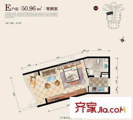 秦皇國(guó)際公寓E戶型一室零廳一衛(wèi)