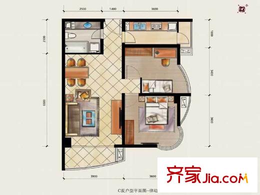 秦皇國(guó)際公寓戶型圖C戶型一室一廳一衛(wèi) 1室1廳1衛(wèi)