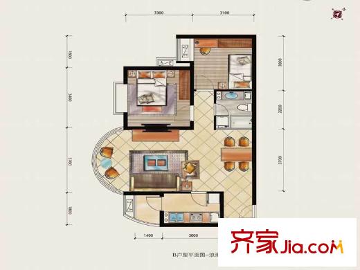 秦皇國(guó)際公寓戶型圖B戶型兩室一廳一衛(wèi) 2室1廳1衛(wèi)