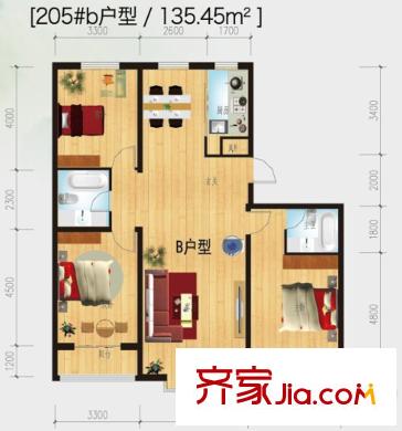 御品星城205#b戶型三室兩廳兩衛(wèi) 3室2廳2衛(wèi)1廚