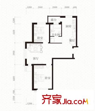 學(xué)府雅緣A-1戶型 2室2廳1衛(wèi)1廚