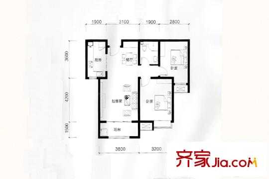 文香府邸J戶型 2室2廳1衛(wèi)1廚