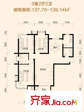大秦左岸A戶型 3室2廳2衛(wèi)