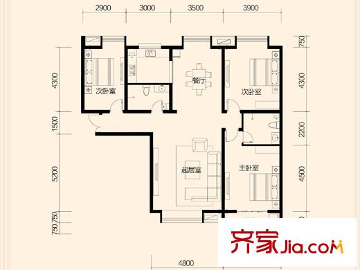 大秦左岸F戶型 3室2廳2衛(wèi)