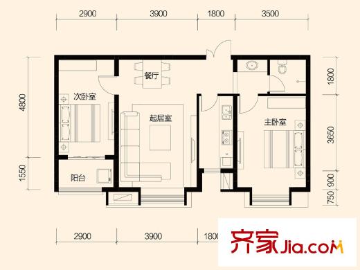 大秦左岸H戶型 2室2廳1衛(wèi)