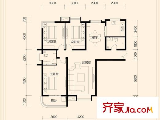 大秦左岸D戶型 3室2廳2衛(wèi)