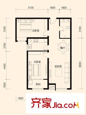 大秦左岸E戶型 2室2廳1衛(wèi)
