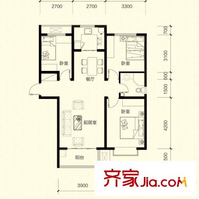 文香府邸A戶型 3室2廳1衛(wèi)1廚