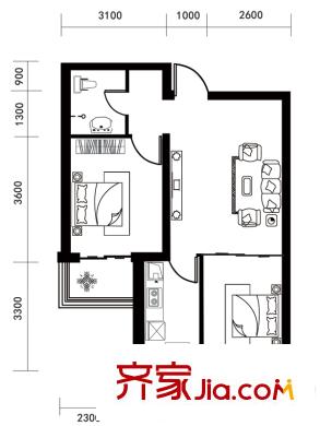 東港家園1號(hào)樓B2戶型 2室2廳1衛(wèi)1廚