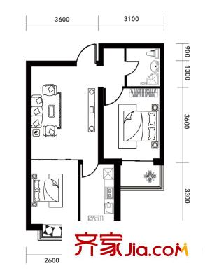 東港家園1號(hào)樓B3戶型 2室1廳1衛(wèi)1廚