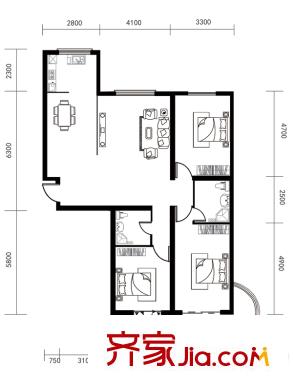 東港家園1號(hào)樓B4戶型 3室2廳1衛(wèi)1廚