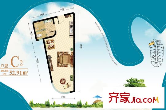 金夢海灣8號C2戶型 1室1廳1衛(wèi)1廚