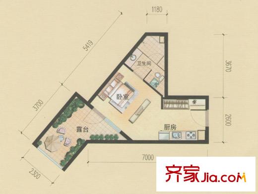 恒泰時間海5號、6號樓C戶型 1室1衛(wèi)1廚