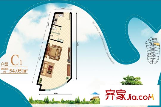 金夢海灣8號C1戶型 1室1廳1衛(wèi)1廚