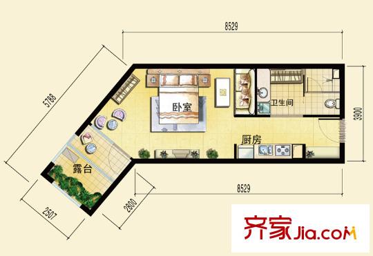 恒泰時間海5、6號樓B正面戶型圖 1室1廳1衛(wèi)1廚