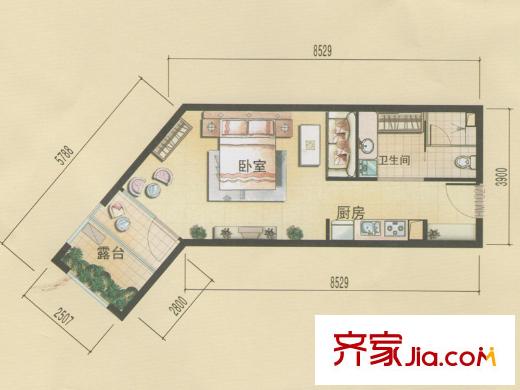 恒泰時(shí)間海5號(hào)、6號(hào)樓B戶型 1室1衛(wèi)1廚