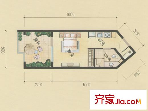 恒泰時間海2號、3號樓E戶型 1室1衛(wèi)