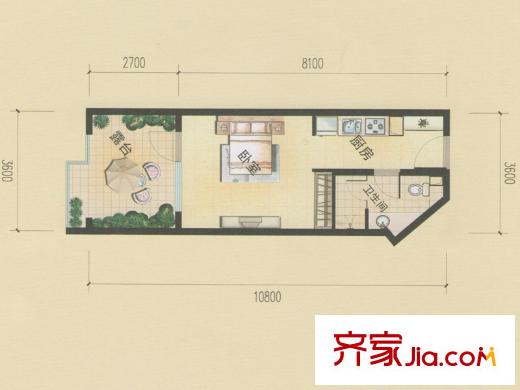 恒泰時間海2號、3號樓F戶型 1室1衛(wèi)1廚