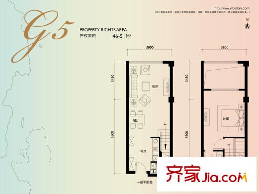 榮盛?一杯瀾G5戶型 46至51平米 1室2廳1衛(wèi)1廚