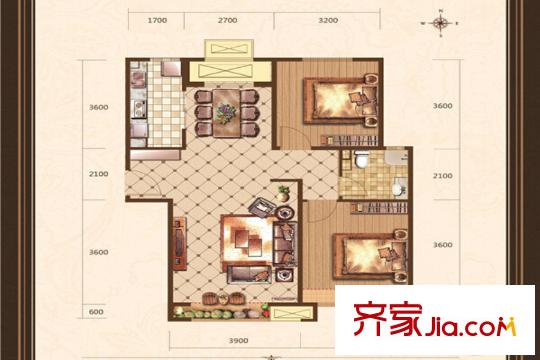 湯河銘筑5#6#10#F3戶型 2室2廳1衛(wèi)1廚
