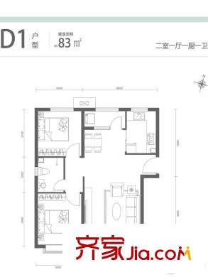 樂陶郡5#6#8#9#10#11#樓83平方米D1戶型 2室1廳1衛(wèi)1廚