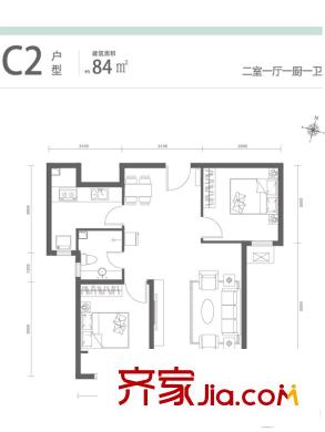 樂陶郡7#樓84平方米C2戶型 2室1廳1衛(wèi)1廚