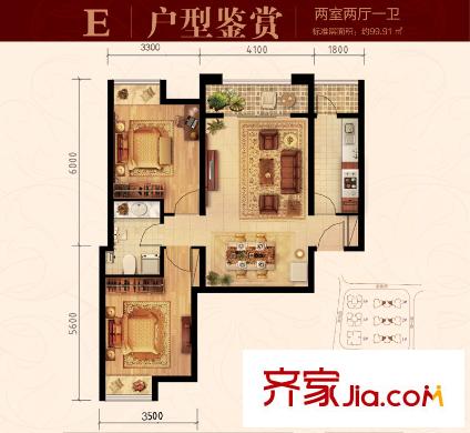 盛達(dá)鉑宮二期1#8#樓99平方米2居 2室2廳1衛(wèi)1廚