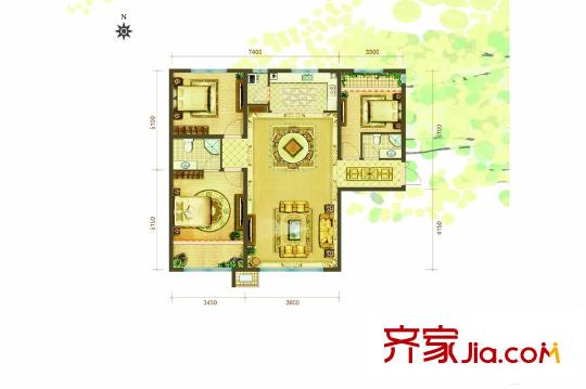 公元壹平方米二期A5戶型113平方米三居 3室2廳2衛(wèi)1廚