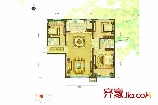 公元壹平方米二期A2戶型113平方米三居 3室2廳2衛(wèi)1廚
