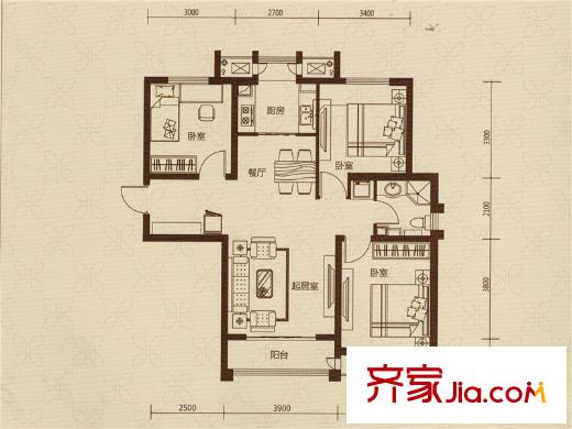 泓盛名園3#樓 108.97平方米三居 3室2廳1衛(wèi)1廚