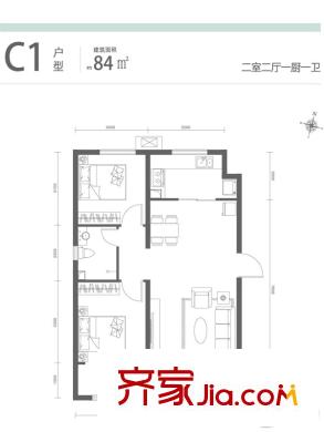 樂陶郡7#樓84平方米C1戶型 2室2廳1衛(wèi)1廚