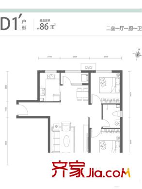 樂陶郡5#6#8#9#10#11#樓86平方米D1'戶型 2室1廳1衛(wèi)1廚