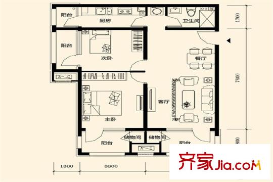 鴻坤羅納河谷GOLF墅景洋房 88平方米2居 2室2廳1衛(wèi)1廚