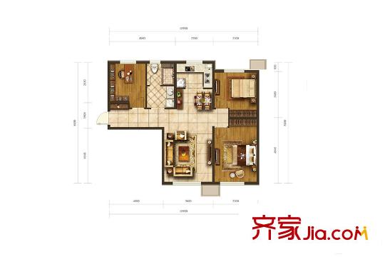 晟世?北京時(shí)代8號(hào)樓B2戶型96平方米3居 3室2廳1衛(wèi)1廚