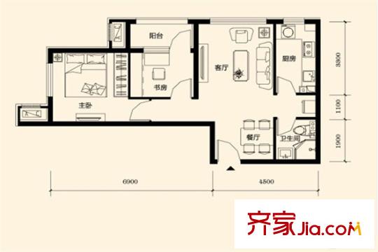 鴻坤羅納河谷墅景洋房i戶型 66平方米兩居_副本 2室2廳1衛(wèi)1廚