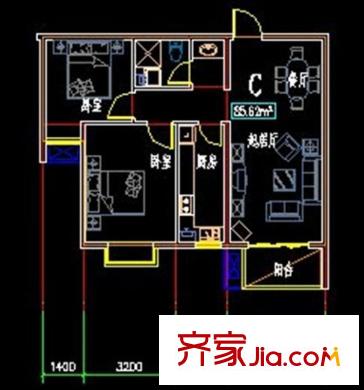 紐約公元戶(hù)型圖C戶(hù)型圖 2室2廳1衛(wèi)1廚