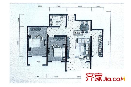 尚城國際1號樓E戶型92.2平方米 2室2廳1衛(wèi)1廚