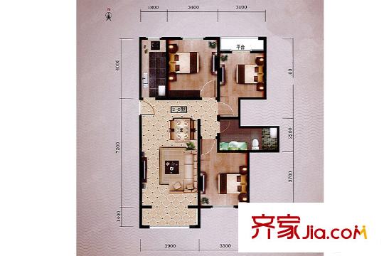 尚城國際2號樓C戶型111.38平方米 3室2廳1衛(wèi)1廚