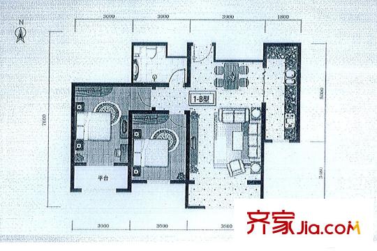 尚城國際1號樓B戶型91.32平方米 2室2廳1衛(wèi)1廚