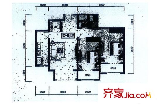 尚城國際3號樓B戶型97.89平方米 2室2廳1衛(wèi)1廚