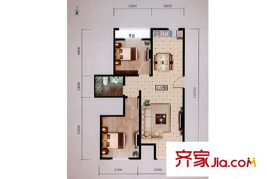 尚城國際2號樓D戶型89.27平方米 2室2廳1衛(wèi)1廚