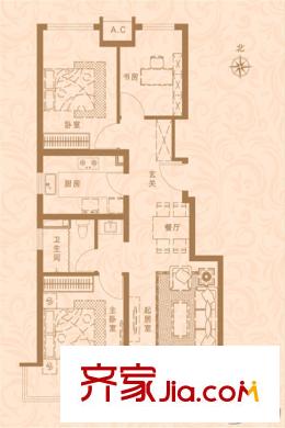 五礦萬科城小高層49#51#53#樓 D1戶型 88平方米三居 3室2廳1衛(wèi)1廚