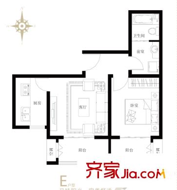 啟城戶型圖E戶型  1室1廳1衛(wèi)1廚