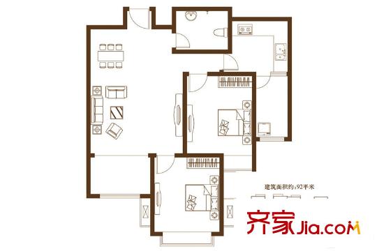 未名18984#樓92平方米3號兩居戶型 2室2廳1衛(wèi)1廚