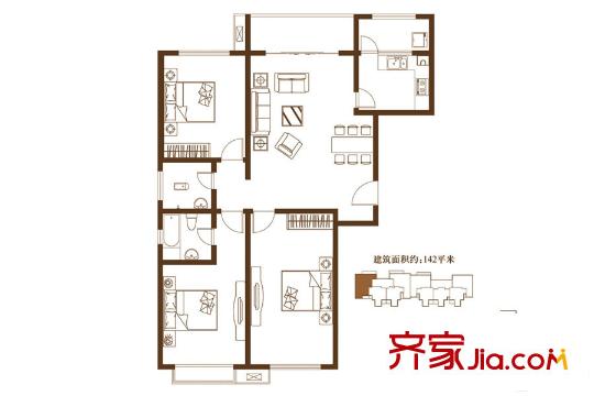 未名18984#樓142平方米1號三居戶型 3室2廳1衛(wèi)1廚