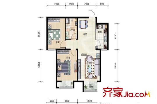 香城儷景二期2#樓 90.37平方米兩居 2室2廳1衛(wèi)1廚