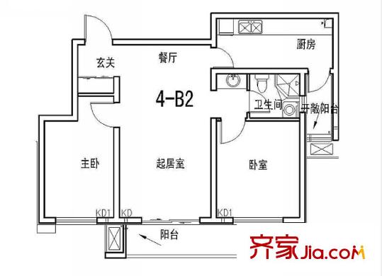 惜緣花城4-B2戶型圖 2室2廳1衛(wèi)1廚