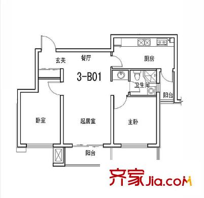 惜緣花城3-B01戶型圖 2室2廳1衛(wèi)1廚